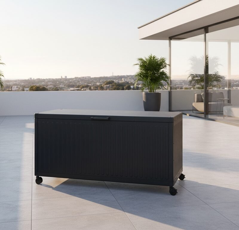 Dark rectangular outdoor storage chest on wheels on a sunny rooftop terrace, with glass-walled seating area and large potted plants, city skyline in the distance.