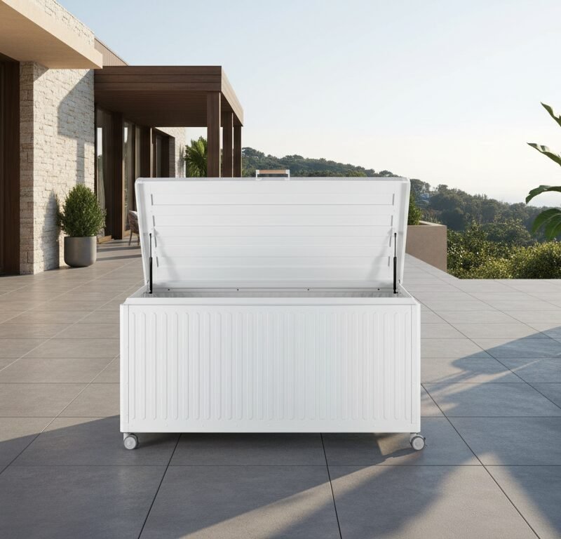 White outdoor storage chest with lid open on a spacious patio, wheels visible and plant pots nearby. It looks like a modern storage solution for outdoor gear.