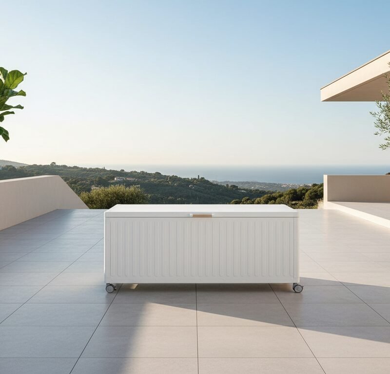 White outdoor storage chest on wheels sits on a tiled terrace with a distant sea view and two potted trees nearby.