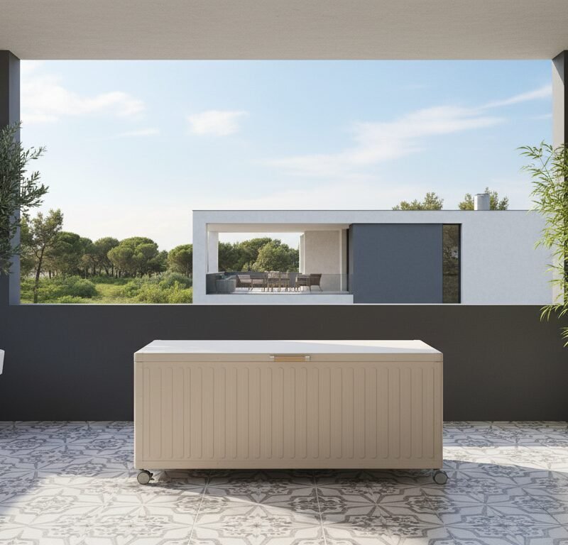Modern rooftop terrace with a beige storage chest on wheels, flanked by two large potted trees and a distant white building view in the background.