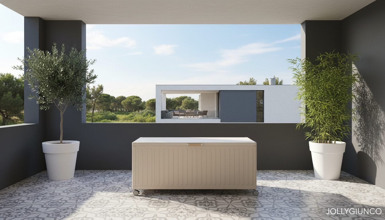 BAULE PCUSC C-RUOTE OCEAN SETA L10 - JOLLYGIUNCO Modern rooftop terrace with a beige storage chest on wheels, flanked by two large potted trees and a distant white building view in the background.