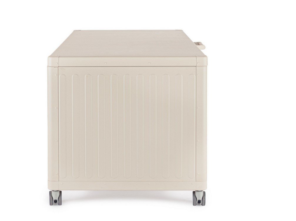 BAULE PCUSC C-RUOTE OCEAN SETA L2 - JOLLYGIUNCO Front view of a beige portable washing machine on caster wheels against a white background, showing vertical ridges on the door panel.
