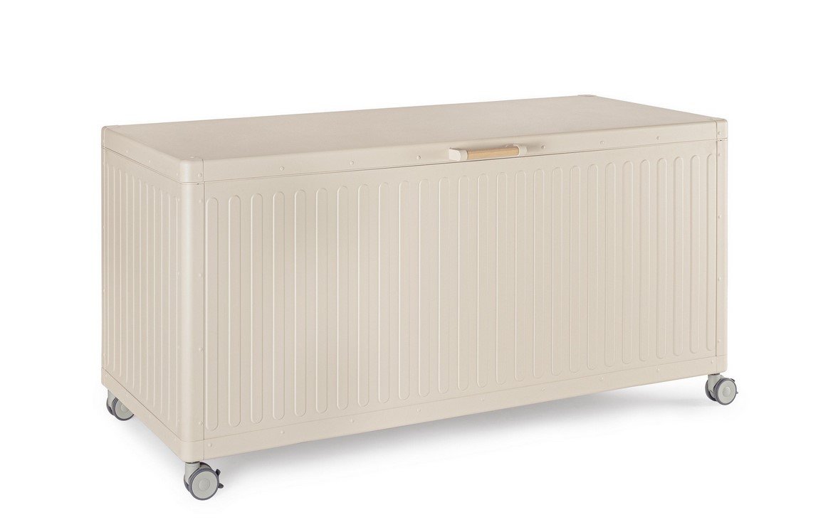 BAULE PCUSC C-RUOTE OCEAN SETA S - JOLLYGIUNCO Beige rolling storage chest on four caster wheels with vertical ribbed panels and a small lid handle.