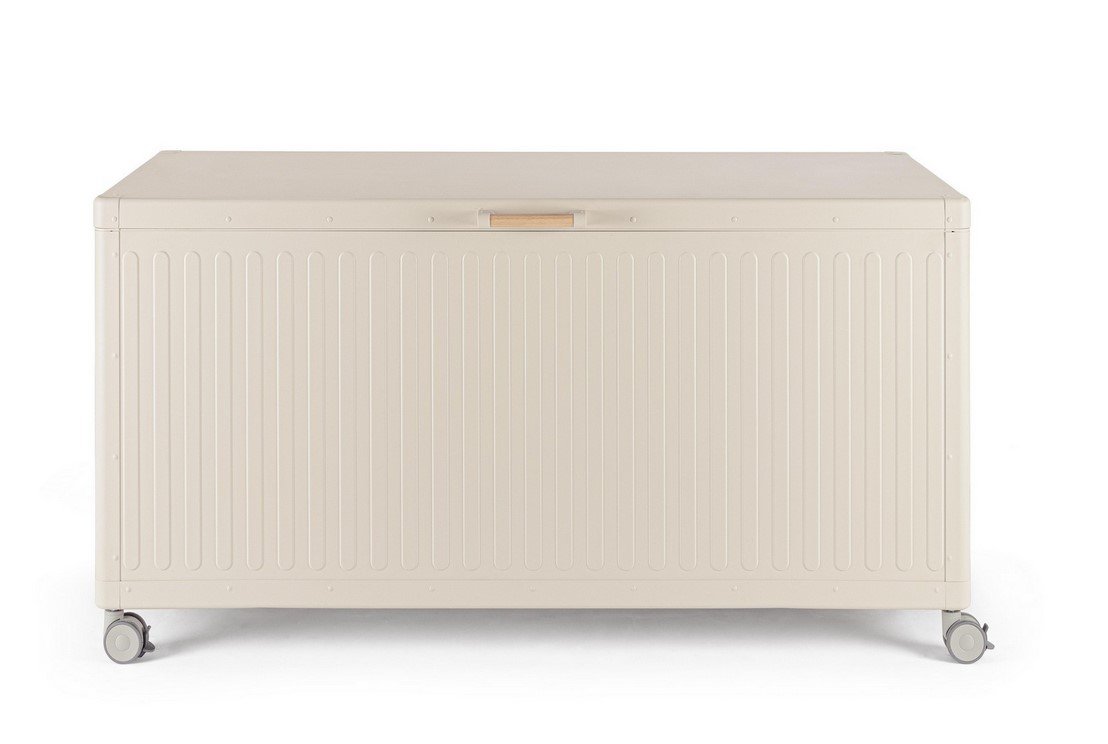 BAULE PCUSC C-RUOTE OCEAN SETA S1 - JOLLYGIUNCO Beige metal storage chest on four wheels with vertical ridges and a small wooden handle on top edge (rolling storage cabinet)