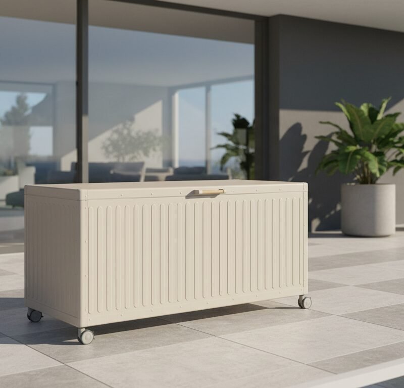 Beige outdoor storage chest on wheels on a tiled patio with glass-walled rooms and potted plants in the background.