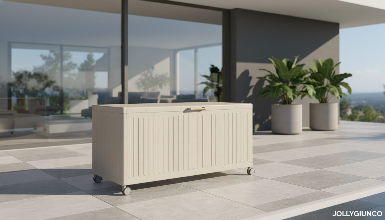 BAULE PCUSC C-RUOTE OCEAN SETA S20 - JOLLYGIUNCO Beige outdoor storage chest on wheels on a tiled patio with glass-walled rooms and potted plants in the background.