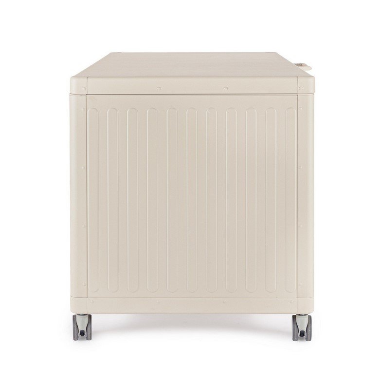 BAULE PCUSC C-RUOTE OCEAN SETA S3 - JOLLYGIUNCO Cream-colored portable top-load washing machine on caster wheels, front panel with vertical ridges and a hinged lid on top edge.