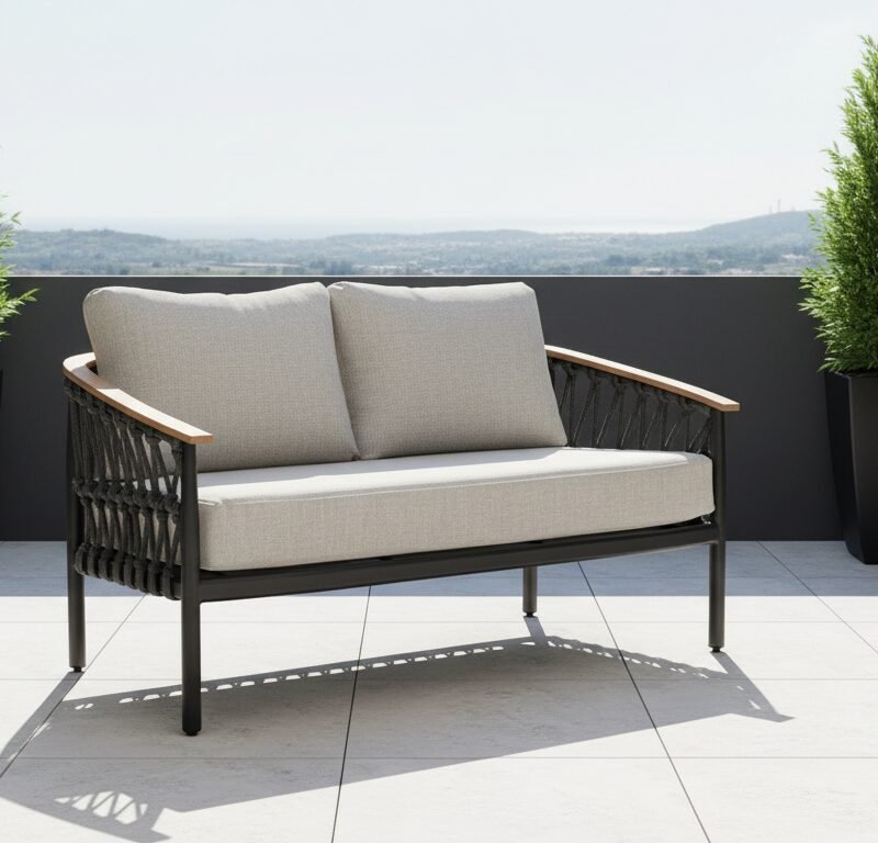 Rooftop terrace with a beige cushioned loveseat and surrounding potted plants, and a distant hill view.
