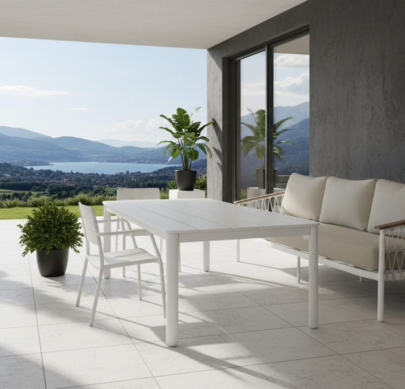 White outdoor dining table and bench on a covered terrace with potted plants and a lake view in the distance.