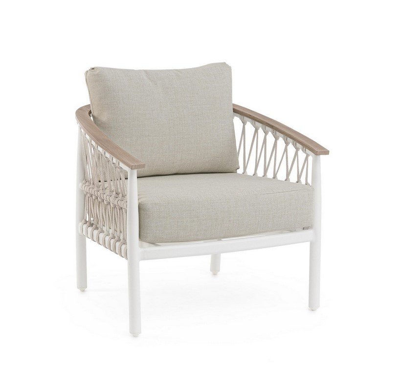 POLTRONA C-C FENIX VAPOR - JOLLYGIUNCO White outdoor armchair with beige cushions, white frame, and woven rope sides, featuring wooden armrests on a patio.