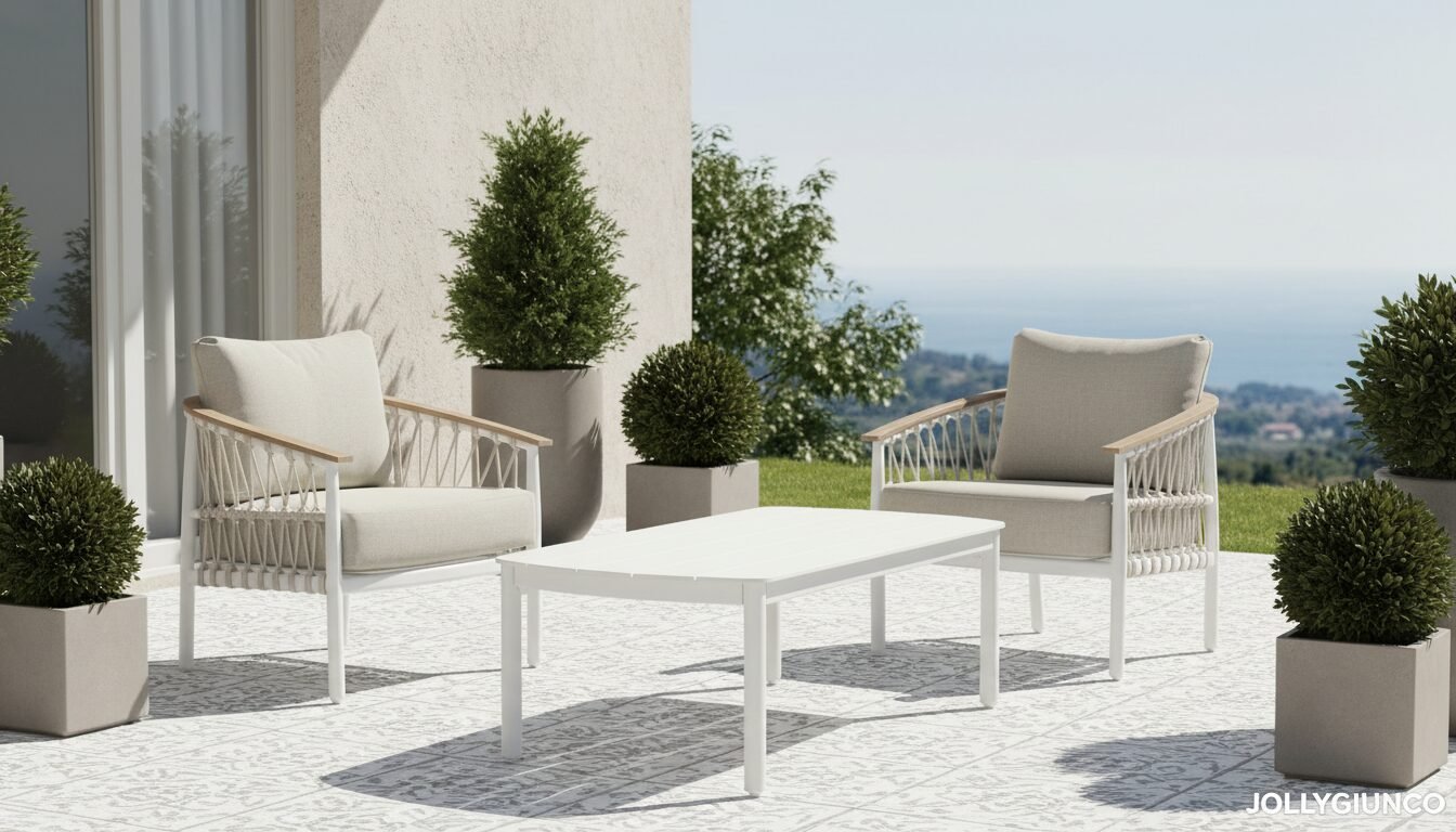 POLTRONA C-C FENIX VAPOR 20 - JOLLYGIUNCO White outdoor seating area with two cushioned chairs and a low table on a patterned patio, overlooking the sea.
