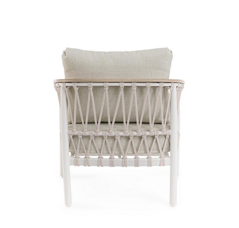 POLTRONA C-C FENIX VAPOR 3 - JOLLYGIUNCO Back view of a white wicker/rope lounge chair with beige cushions and woven netting on the sides.