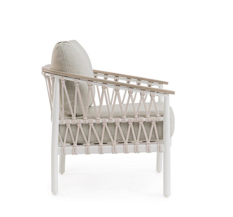 POLTRONA C-C FENIX VAPOR 5 - JOLLYGIUNCO White-framed armchair with beige rope weaving and light gray cushions, shown from the side against a white background.