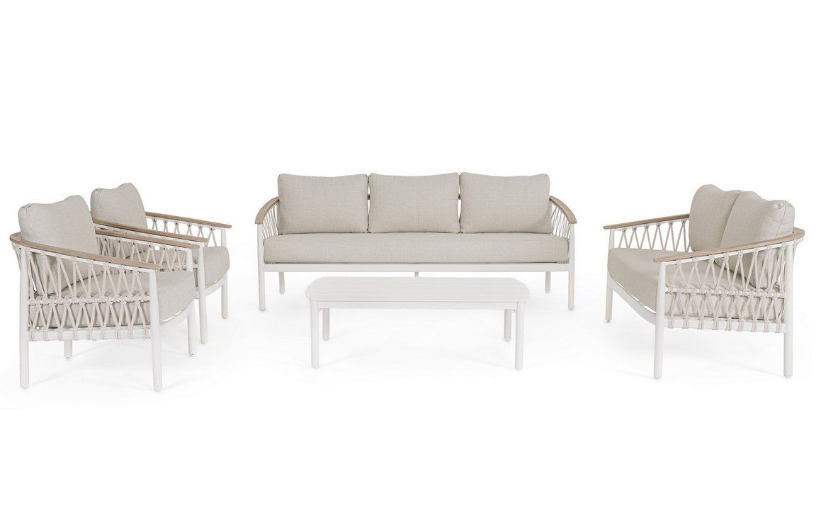 POLTRONA C-C FENIX VAPOR4 - JOLLYGIUNCO Outdoor white wicker patio set with beige cushions: a sofa, two armchairs, and a rectangular coffee table on a white background.