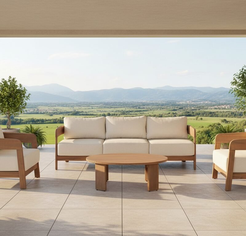 Outdoor patio seating area with beige cushioned sofa and chairs around a round wooden table, overlooking green fields and distant mountains.