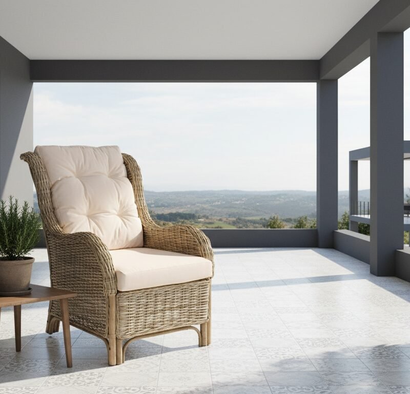 Wicker lounge chair with beige cushions on a modern balcony; small wooden table with a plant; potted greenery and distant valley view.
