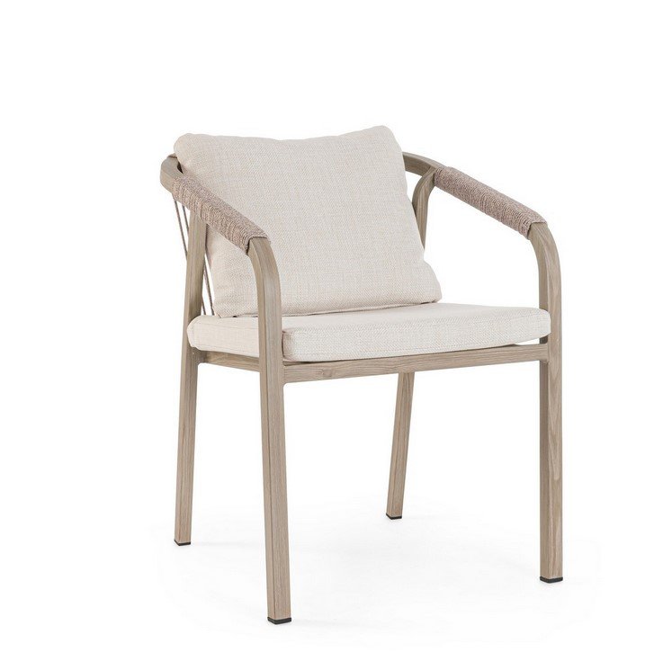 Wooden outdoor chair with cream cushions and woven armrests on a pale finish frame