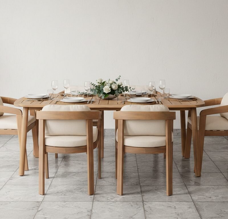 Wood dining table set for six with cushioned chairs, white plates and glasses, and a floral centerpiece; potted plants on both sides against a light wall.
