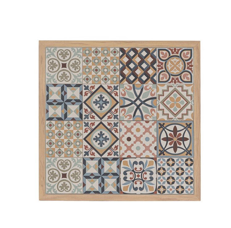 SET SALOTTO ANG C-C KALIMERA DESER10T - JOLLYGIUNCO Framed artwork of 16 decorative ceramic tile patterns arranged in a 4x4 grid and wooden frame.