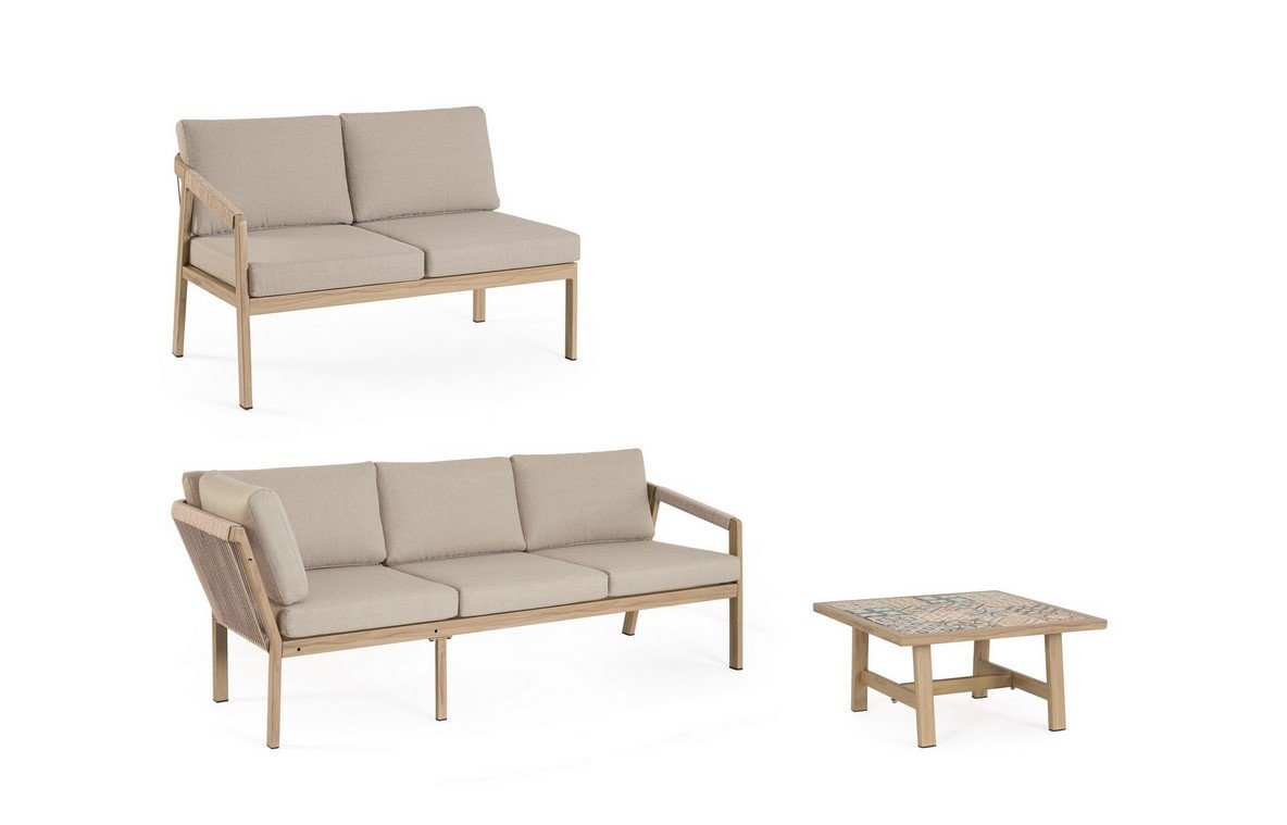 SET SALOTTO ANG C-C KALIMERA DESERT 1 - JOLLYGIUNCO Light wood outdoor furniture set with beige cushions: a two-seat loveseat, a three-seat sofa, and a small tiled coffee table.