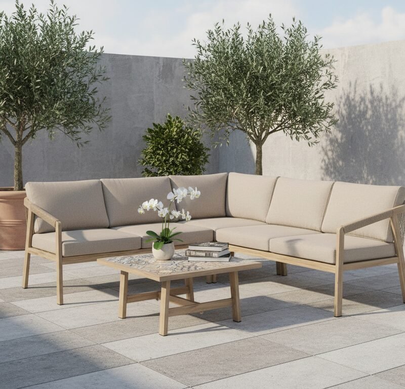 Outdoor patio scene with beige cushioned L-shaped sofa, wooden coffee table, and potted trees along a gray wall.