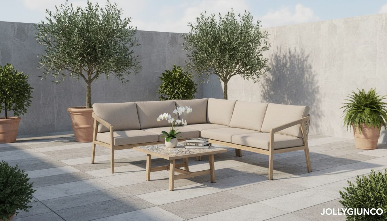 SET SALOTTO ANG C-C KALIMERA DESERT14 - JOLLYGIUNCO Outdoor patio scene with beige cushioned L-shaped sofa, wooden coffee table, and potted trees along a gray wall.