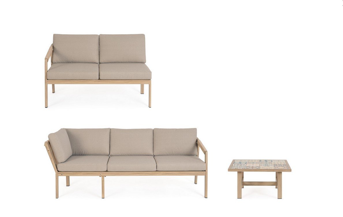 SET SALOTTO ANG C-C KALIMERA DESERT3 - JOLLYGIUNCO Beige-cushioned wooden sofa set: a two-seat loveseat, a three-seat sofa, and a tiled coffee table on the right.