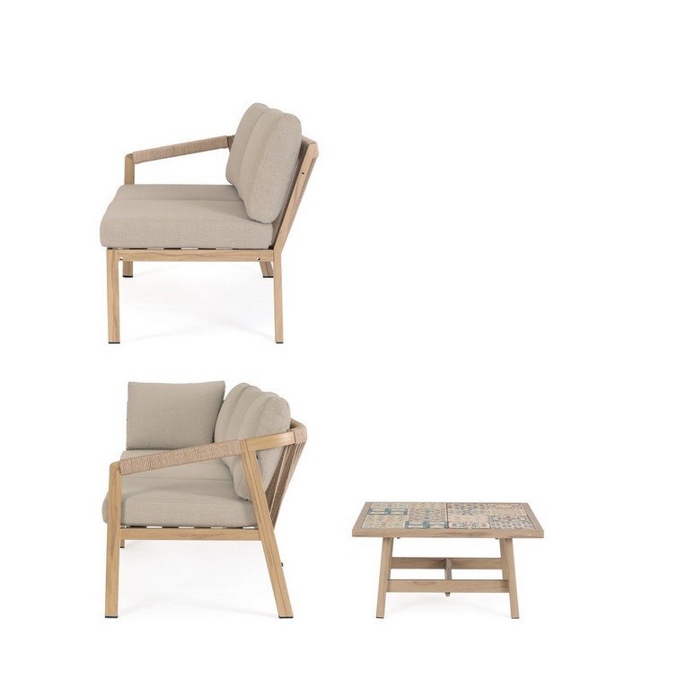 SET SALOTTO ANG C-C KALIMERA DESERT6 - JOLLYGIUNCO Wooden lounge chair with beige cushions and matching side table with tile top, part of a outdoor seating set.