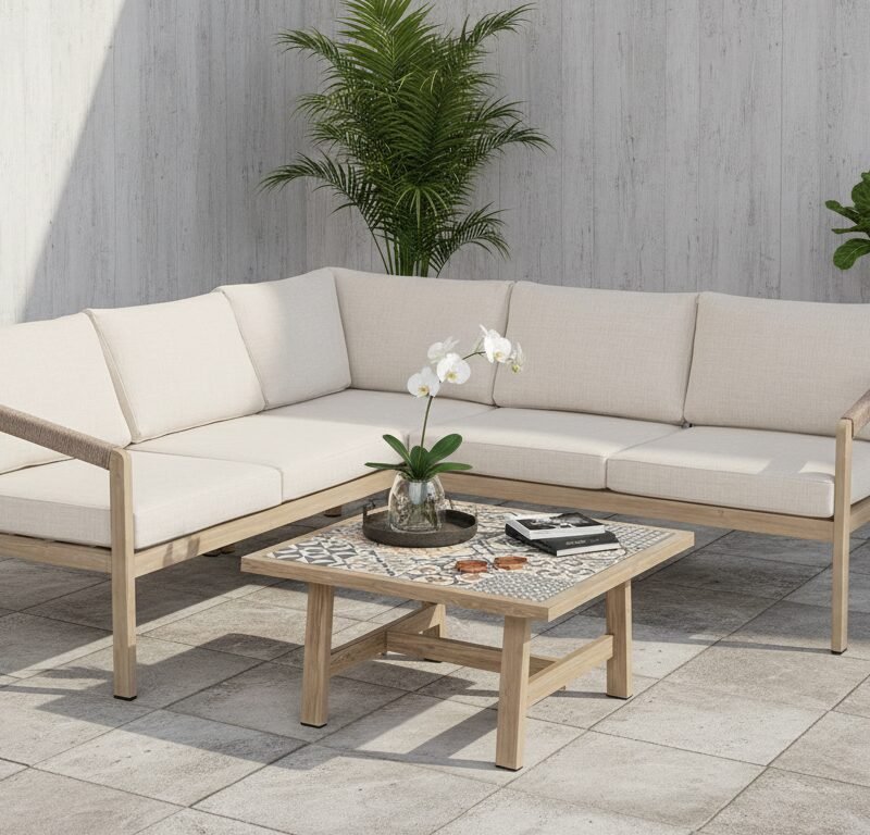 Outdoor patio seating: beige cushioned L-shaped wooden sofa with a matching coffee table, potted plants in the background.