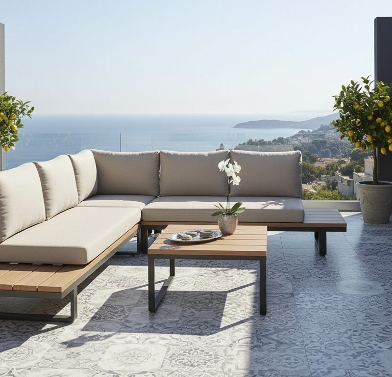 L-shaped beige outdoor sofa with wooden coffee table on a patterned tiled terrace, lemon trees in pots and an ocean view in the distance.