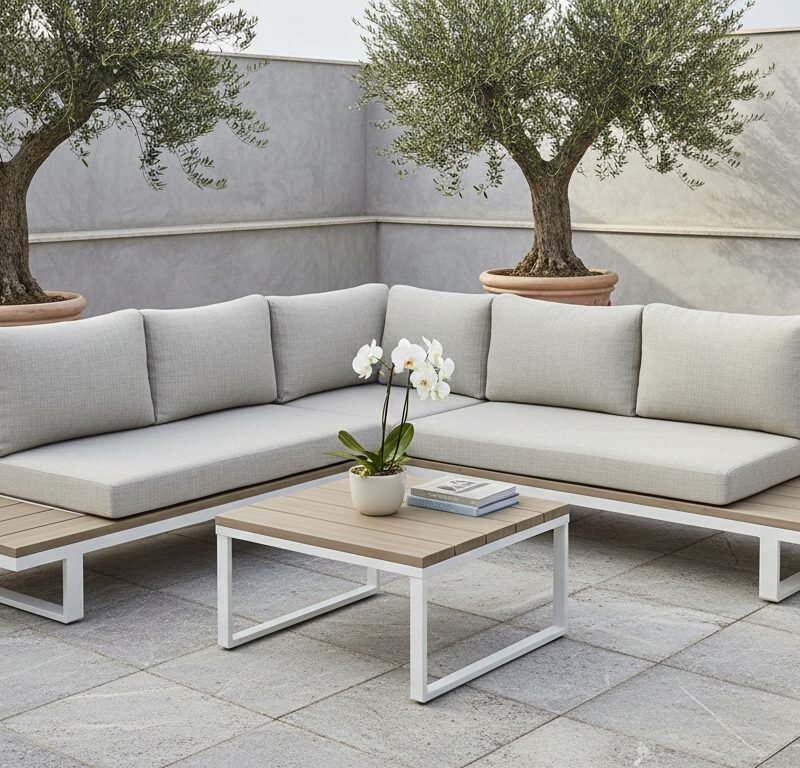 Outdoor lounge on a tiled patio with an L-shaped beige sectional sofa and matching wood-slatted coffee tables, surrounded by potted olive trees and greenery.