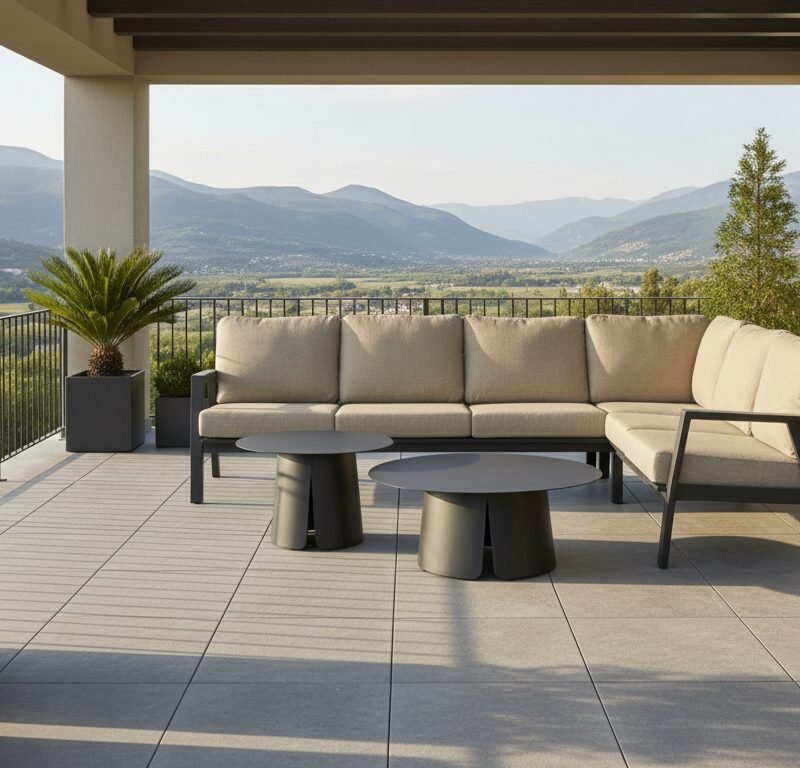 Modern outdoor terrace with a beige sectional sofa, two round black coffee tables, and potted plants overlooking distant mountains and hills.