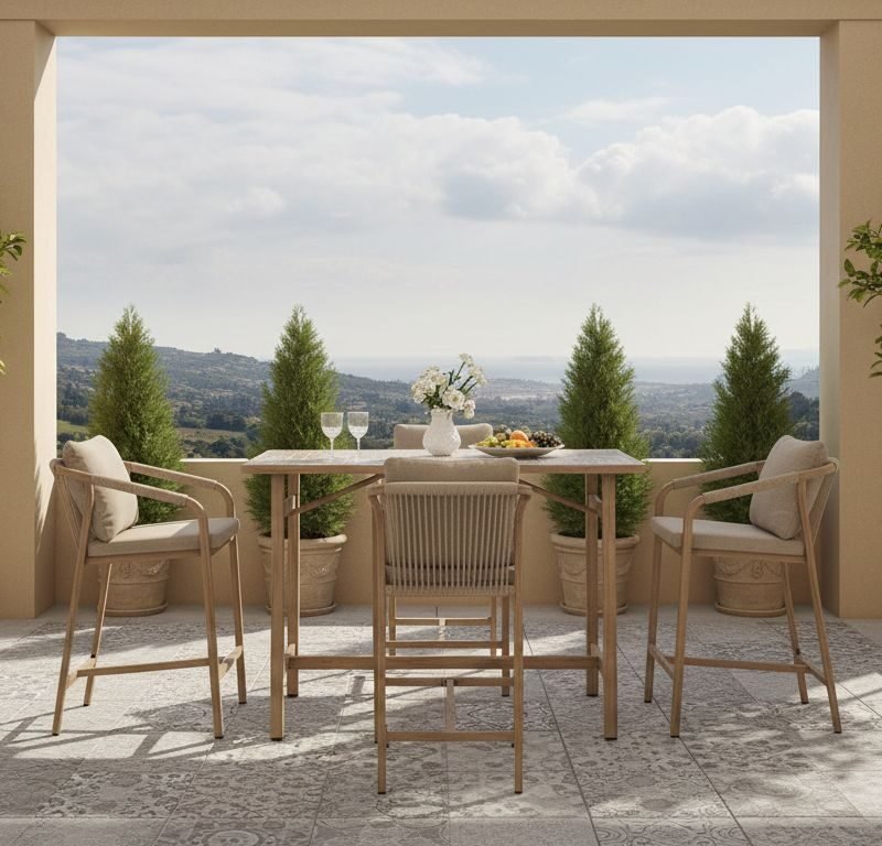 Outdoor terrace scene with a rectangular wooden table and five matching chairs, a vase of white flowers, two wine glasses and a fruit plate, framed by lemon trees in pots and a distant hilly landscape under a cloudy sky.