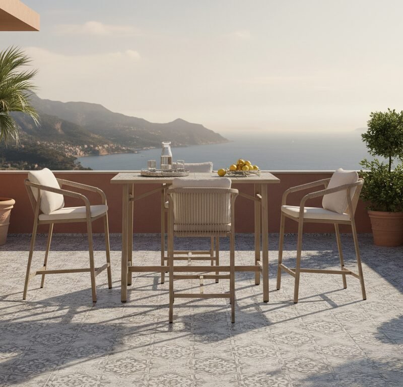 Terrace overlooking the sea with a high dining table and four beige chairs, lemon trees in pots nearby.