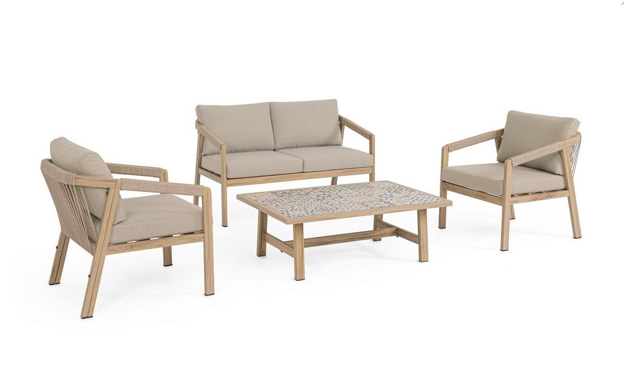 SET4 SALOTTO C-C KALIMERA DESERT KD - JOLLYGIUNCO Four beige-cushioned wooden patio chairs surround a rectangular tile-top coffee table in a matching outdoor set at a white backdrop.