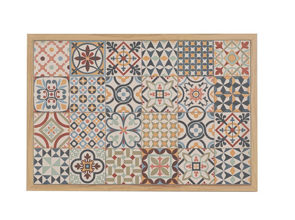 SET4 SALOTTO C-C KALIMERA DESERT KD 15 - JOLLYGIUNCO Colorful ceramic tile mosaic arranged in a grid, framed by a light wooden border.