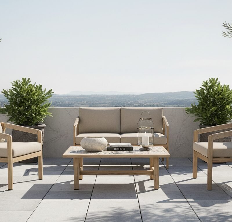 Outdoor patio with beige cushioned seating around a wooden coffee table, flanked by potted olive trees and a distant landscape.