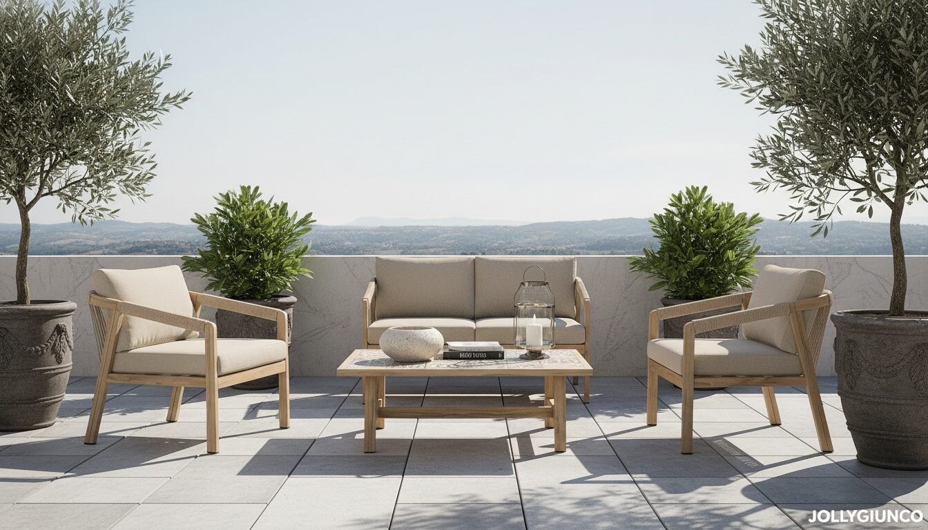 SET4 SALOTTO C-C KALIMERA DESERT KD 20 - JOLLYGIUNCO Outdoor patio with beige cushioned seating around a wooden coffee table, flanked by potted olive trees and a distant landscape.