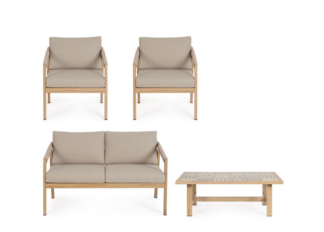 SET4 SALOTTO C-C KALIMERA DESERT KD 4 - JOLLYGIUNCO Set of light wood outdoor furniture: two single armchairs, a two-seat sofa with beige cushions, and a matching woven-top coffee table on a white background.