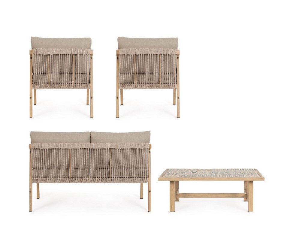 SET4 SALOTTO C-C KALIMERA DESERT KD 5 - JOLLYGIUNCO Outdoor patio furniture set: two woven armchairs with beige cushions, a matching two-seat sofa, and a rectangular coffee table with a woven top and light wood frame.
