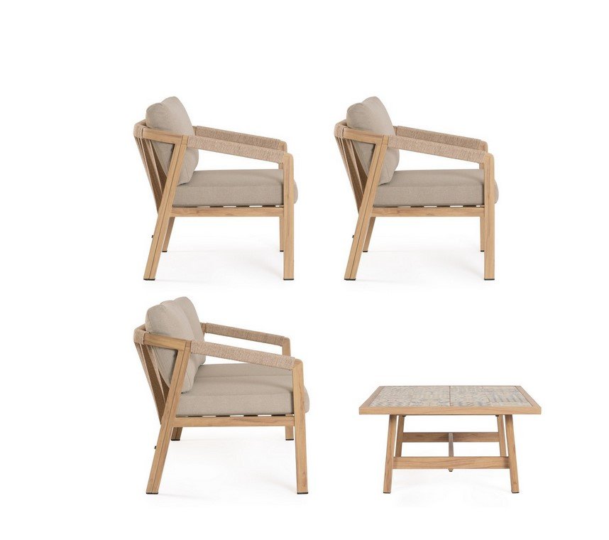 SET4 SALOTTO C-C KALIMERA DESERT KD 56 - JOLLYGIUNCO Set of outdoor lounge furniture with three beige-cushioned wooden armchairs shown from multiple angles and a matching square coffee table.