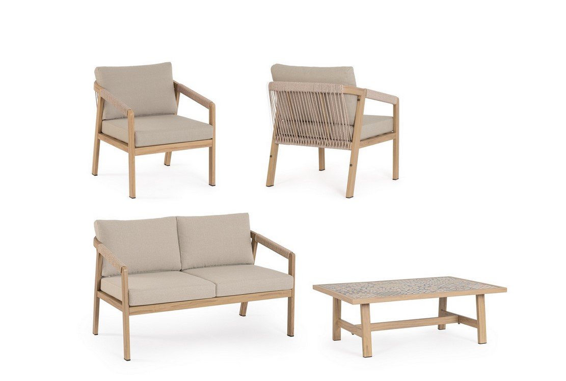 SET4 SALOTTO C-C KALIMERA DESERT KD1 - JOLLYGIUNCO Light wood patio furniture set with beige cushions: two armchairs, a two-seat sofa, and a rectangular coffee table with a woven top.