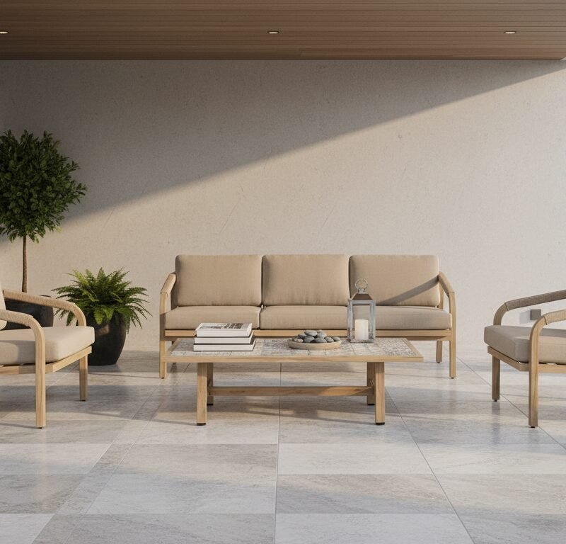 Modern outdoor patio seating area with beige cushioned sofa and chairs around a wooden coffee table, potted plants nearby, sunlit terrace.