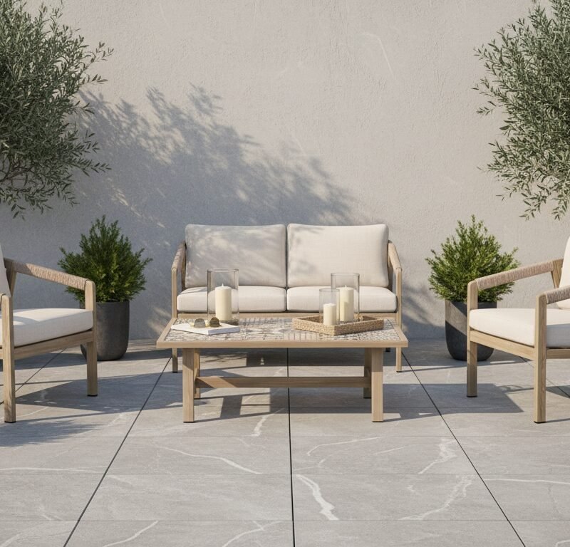 Outdoor patio seating area with a beige cushioned sofa and two matching armchairs around a wooden coffee table, candles and a tray on the table, flanked by potted shrubs and olive trees on a tiled concrete surface.