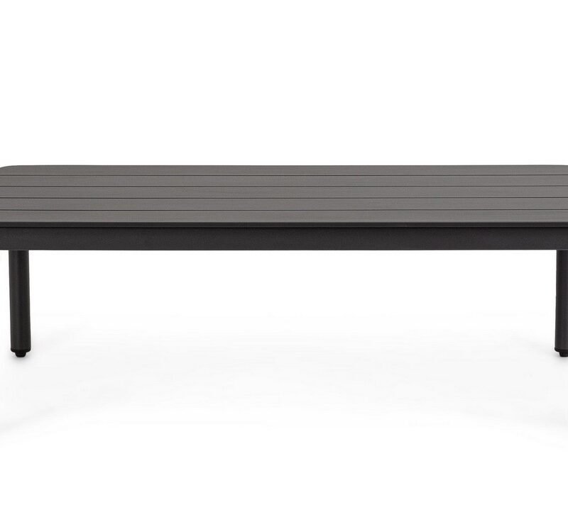 Dark gray outdoor table with a slatted top and four round legs.