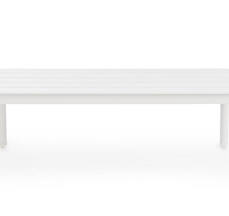 White rectangular table with rounded ends and four legs on a white background.