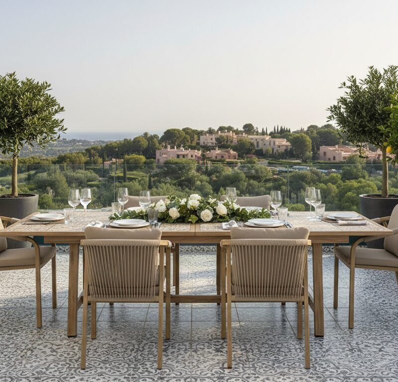 Al fresco dining table set for eight on a patterned terrace, with lemon trees in pots and a scenic hillside view.