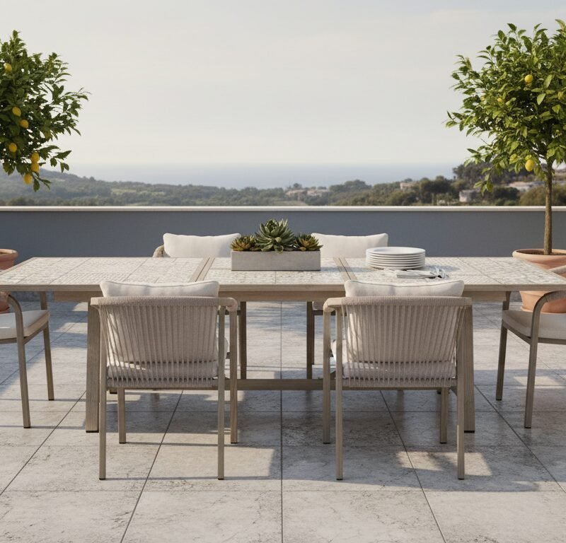 Outdoor terrace dining setup with a long table and eight woven chairs, potted lemon trees, and a succulent centerpiece overlooking the sea horizon.