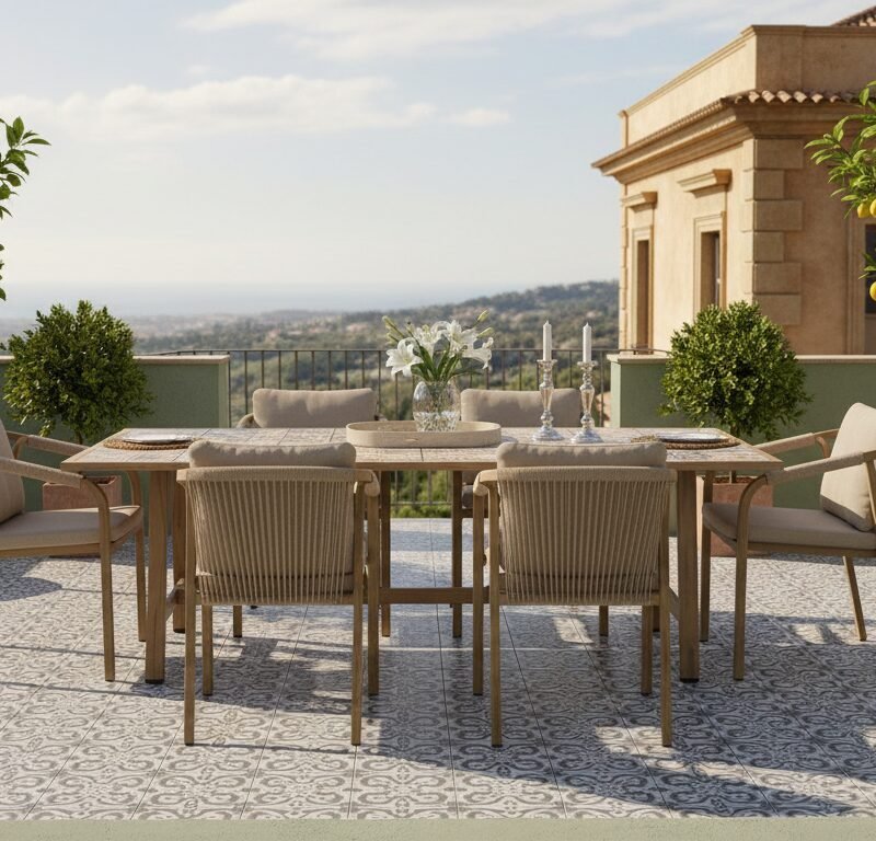 Outdoor rooftop dining area with a wooden table and eight beige chairs, lemon trees in pots, and a distant valley view.