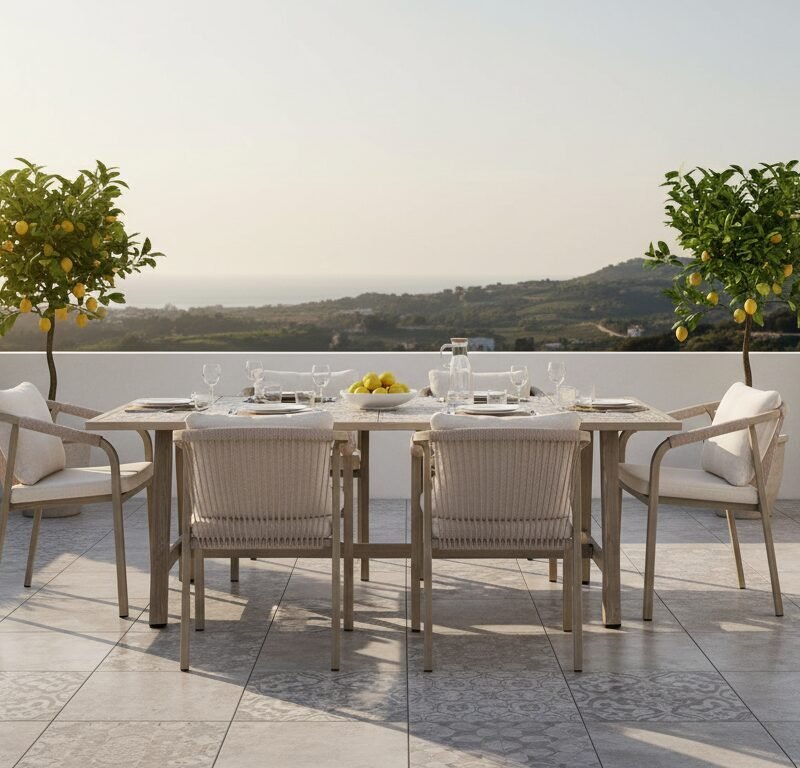 Outdoor terrace with a six-seat dining table, beige chairs, and lemon trees in pots overlooking the sea and hills at sunset/light.